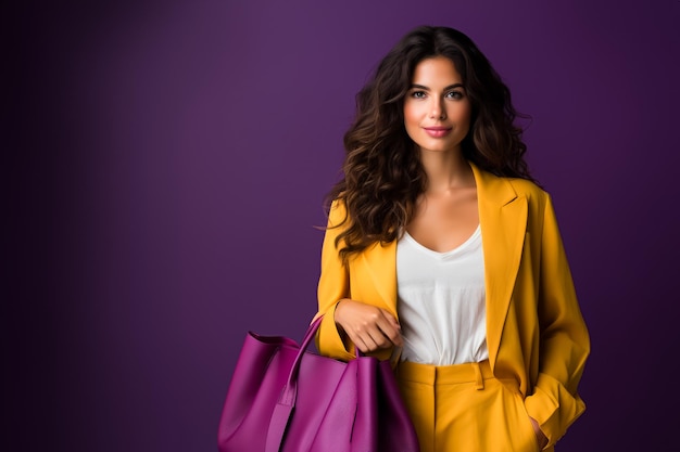 Portrait of young woman with shopping handbag on violet background Space for text