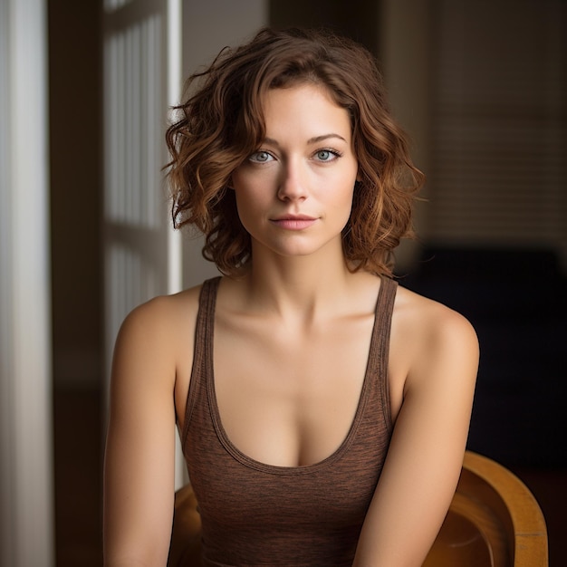 Portrait of a young woman with short brown hair and blue eyes