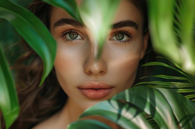 Photo portrait of young woman with smooth skin in tropical leaves natural cosmetics concept