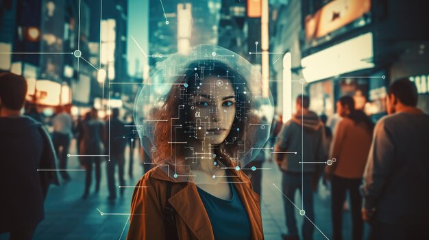 Portrait of a young woman with a virtual brain against the background of the city