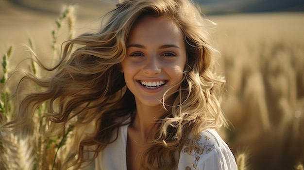 portrait young woman with wheat in field