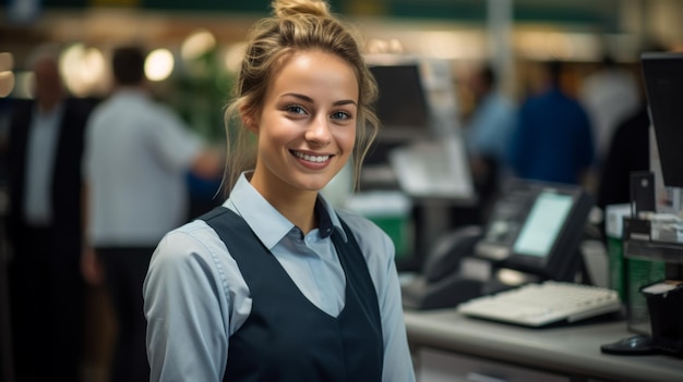 슈퍼마켓 에서 현금관 으로 일 하는 젊은 여자 의 초상화