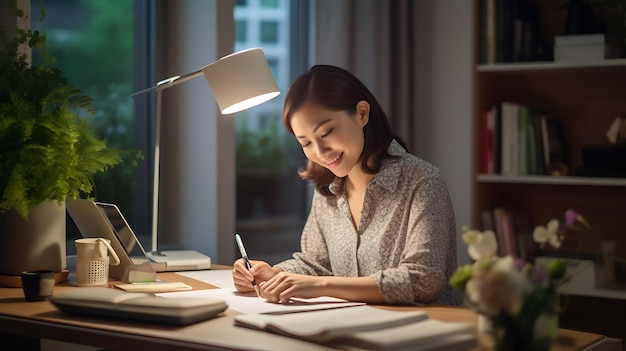 Portrait of young woman working on laptop and making notes in her home officeCreated with Generative AI technology