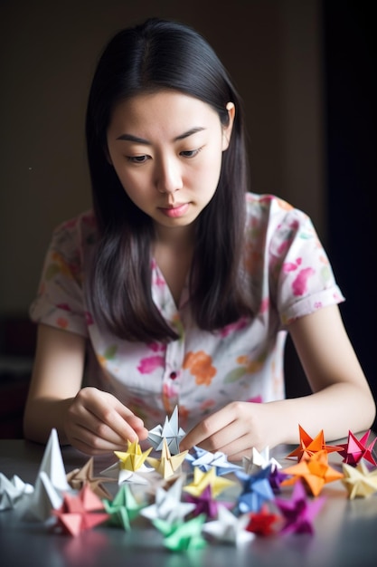 Portrait of a young woman working on an origami project created with generative ai