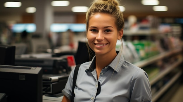 Photo portrait of a young woman working at a supermarket