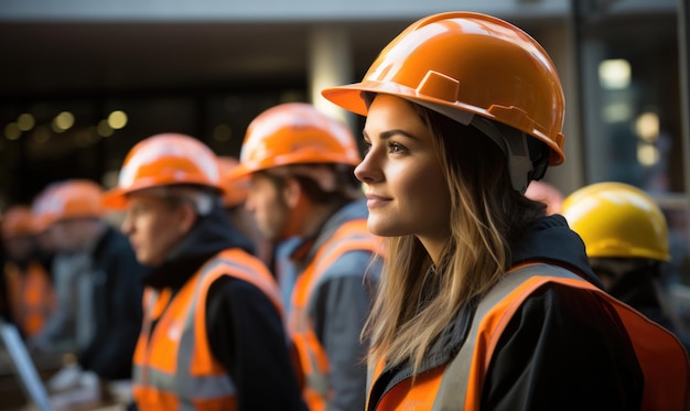 Portrait of young woman in workwear and protective helmet Smiling female worker or volunteer