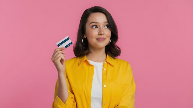 Portrait of a young woman in yellow shirt showing credit card and looking away at copy space isolat
