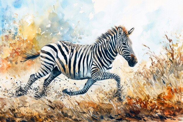 Portrait of a zebra running through the fields watercolor