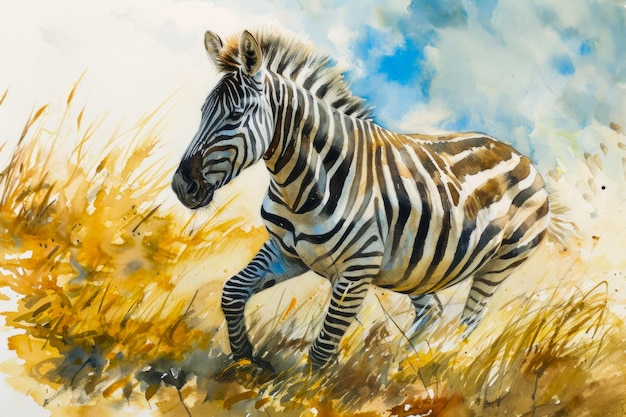 Портрет зебры, бегущей по полям акварель
