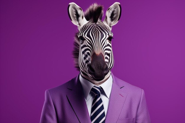 Portrait of a zebra in a suit on a purple background