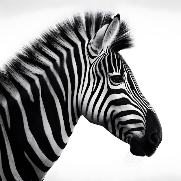 Photo portrait of a zebra on a white background in black and white