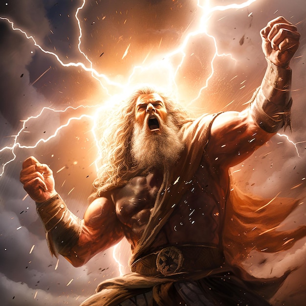 Photo portrait of zeus against the background of clouds and lightning generated by ai