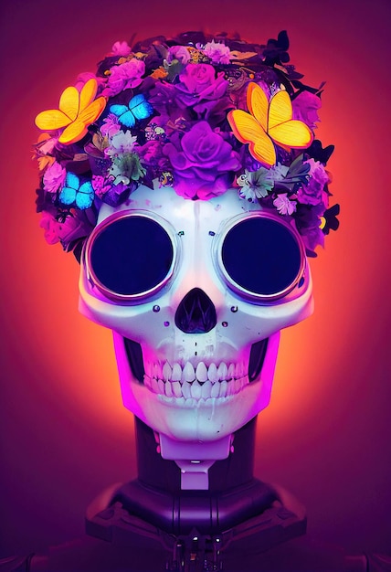 Portrait of a zombie cyber skeleton from hell Skeleton with flowers Halloween Concept