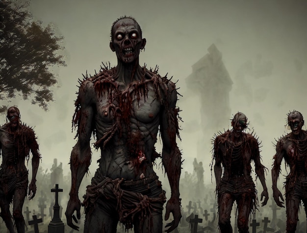 Portrait of a zombie man on the background of cemeteries zombie apocalypse concept