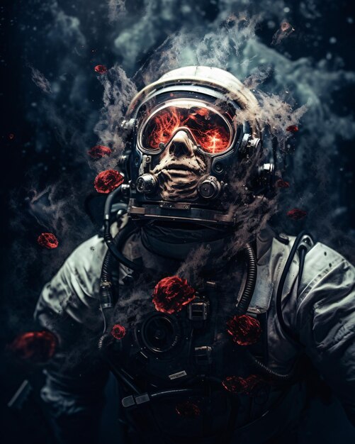 Portrait of a zombie in a spacesuit floating in space