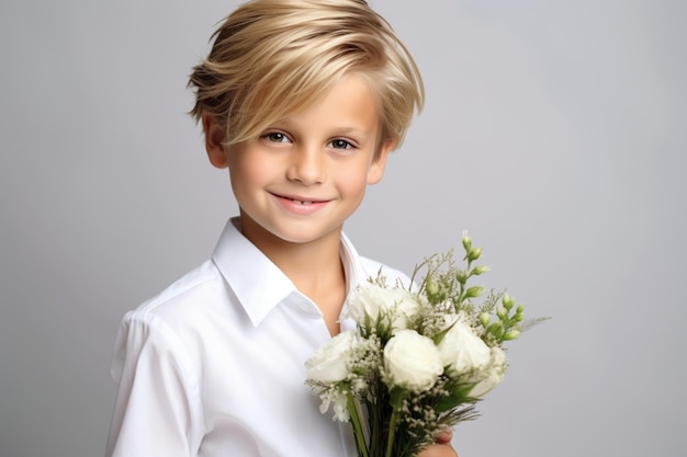 portraitcharming boy with blond hair in shirt holding out bouquet of white roses on gray background