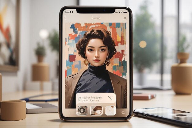 a portraitoriented mockup of a smartphone with an art gallery app focus allowing users to display artwork on the screen