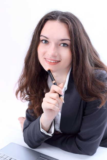 Portraitpretty business woman working at office photo with copy space