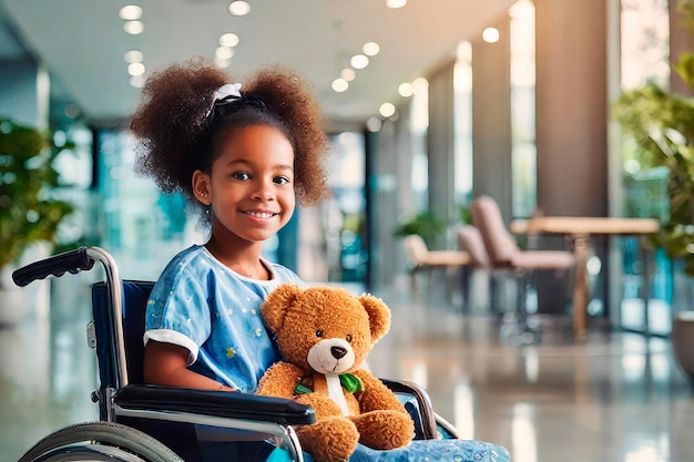 Portraits of a black child girl in a wheelchair in the hospital