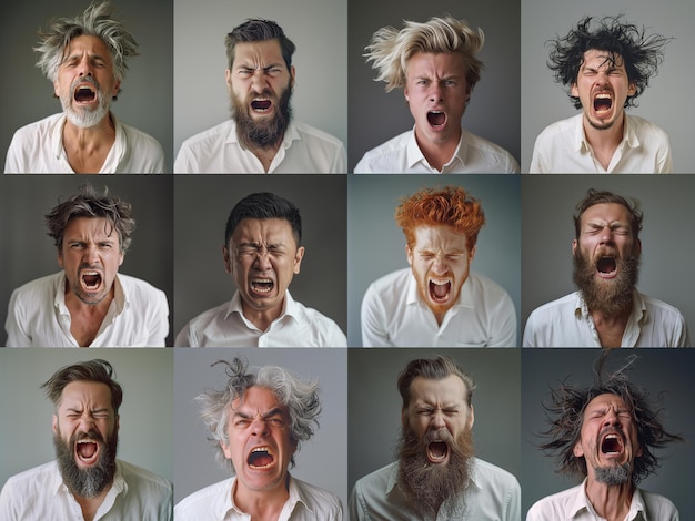 Photo portraits of different angry men generated by ai