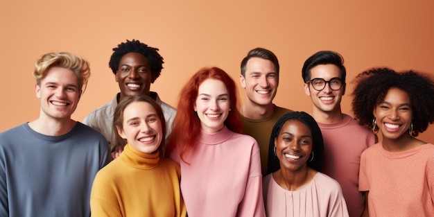 Portraits of happy multiethnic people smiling and looking at camera on color background