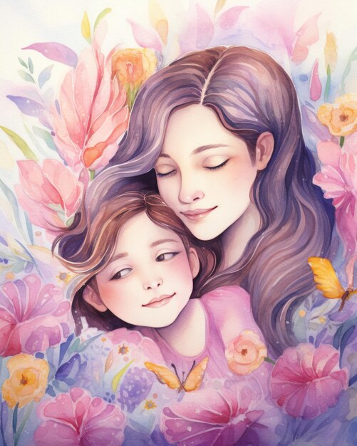 Portraits of mother and daughter for Mother's Day watercolor illustration in pastel colors