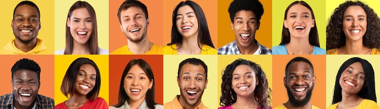 Photo portraits of multiethnic young people smiling at camera collage