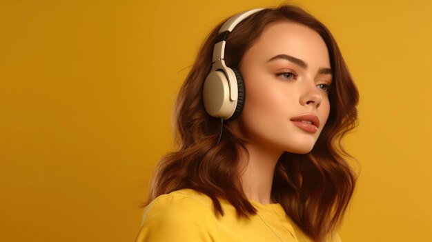 Photo portrati of an attractive woman wearing headphones on yellow background