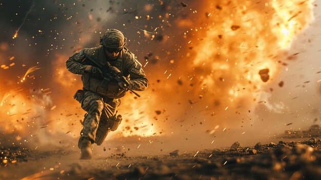 A portrayal of a softair player running at full speed in a war environment amidst vivid explosions and debris The scene captures the players focused determination and the intense AI Generative