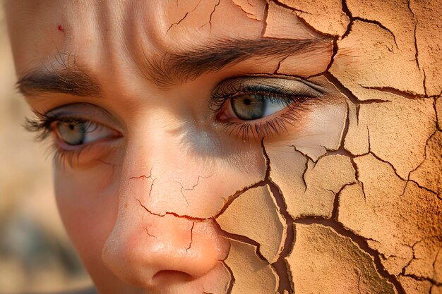 Photo portrayal of a woman with severely dry dehydratedcracked skin reminiscent of desert landscapesconcept of selfcarecosmetologybeauty industry