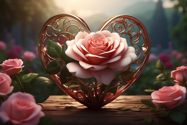 Изображая мечтательный пейзаж с сердечной розой, состоящей из сложных