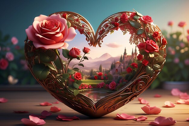 Portraying a dreamy landscape with a heartshaped rose comprised of intricate