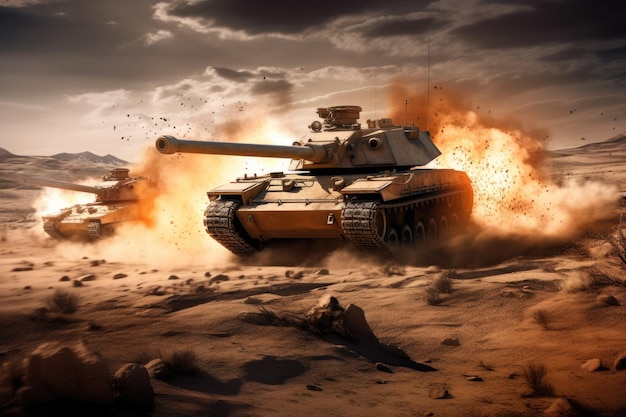 portrays an armored tank during a war invasion as it crosses a minefield in the desert creating an