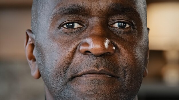 Portret Afrikaans geconcentreerd mens gerimpeld stompzinnig gezicht Amerikaanse volwassene 50's gepensioneerde zakenman