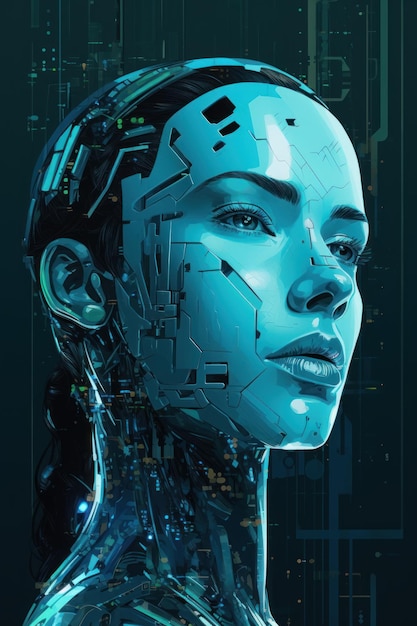 Portret AI-model van Android met vrouwelijk gezicht en robotlichaam op de achtergrond van elektronische schakelingen Het concept van kunstmatige intelligentie in Android