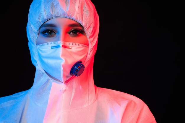 Portret arts verpleegster en soldaat in een beschermend pak en maskerademhalingsapparaat op zwarte achtergrond Concept covid19 pandemie