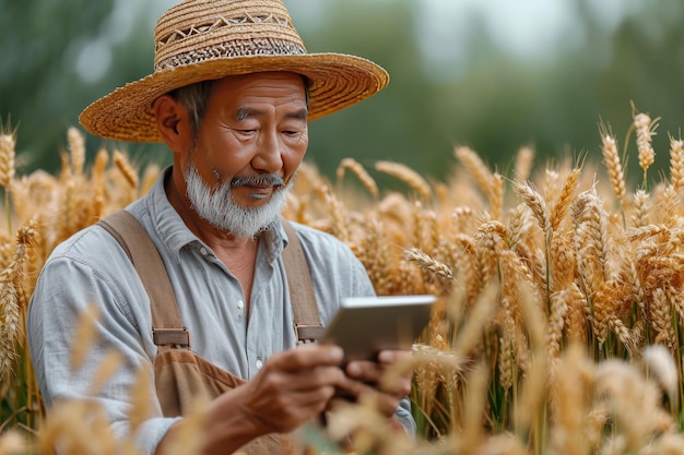 Portret Aziatische boer in een strohoed in een tarweveld
