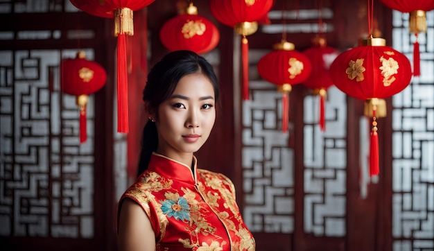 portret Aziatische mooie vrouw die een cheongsam draagt Chinees nieuwjaars achtergrond portret meisje