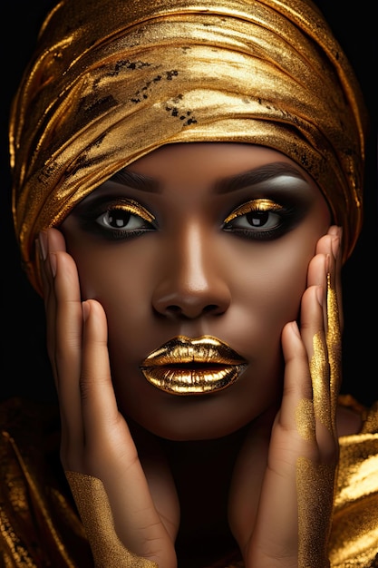 Portret close-up Schoonheid fantasie Afrikaanse vrouw gezicht in goudverf Gouden glanzende huid Fashion model meisje godin hand vingers poseren Arabische tulband hoofd juwelier armbanden Professionele metalen make-up