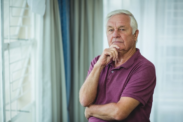 Portret dat van de hogere mens zich met hand op kin bevindt