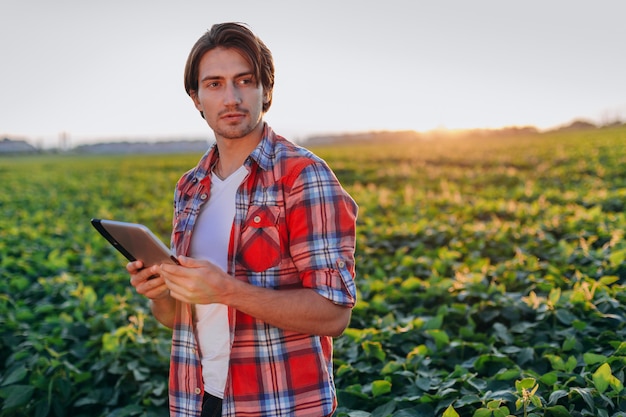 Portret die van agronoom zich op gebied bevinden die een tablet houden.