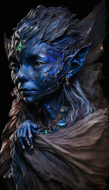 Portret een elfenkobold met doorschijnende vloeiende zijden stof vloeibare lapir lazuli-fantasie