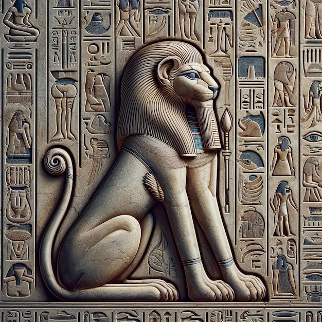 Portret en hiërogliefen uit het oude Egypte met de leeuwinnengodin Sekhmet