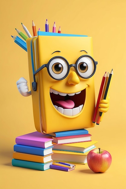 Portret Foto Terug naar school Stationery Onderwijs Element Cartoon op gele achtergrond 3D