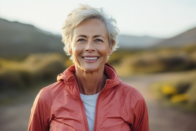 Foto portret gelukkige glimlachende bejaarde blanke vrolijke vrouw in casual herfstkleding buiten naar de camera kijken senior actieve mensen concept