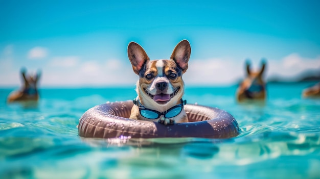 Portret gelukkige hond in een opblaasbare drijvende ring geïsoleerd op zwembad drijver Generative Ai Technology