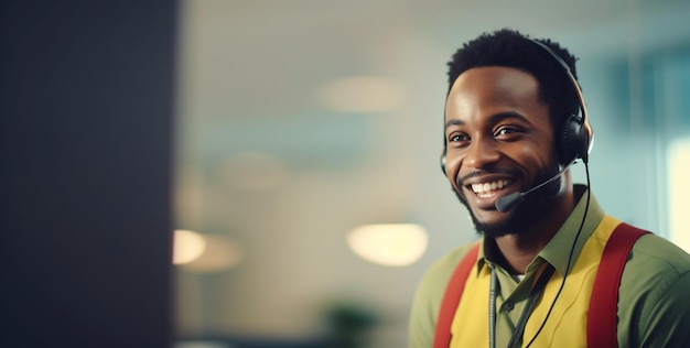 Portret glimlachende afro man callcenter en klantenservice met een man die raadpleegt met behulp van een headset