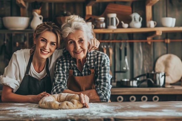 Foto portret glimlachende blanke vrouwen gepensioneerde grootmoeder en jonge volwassen kleindochter in huis keuken toget