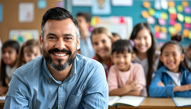 Portret glimlachende mannelijke leraar in een klas op de basisschool die naar de camera kijkt met het leren van stu