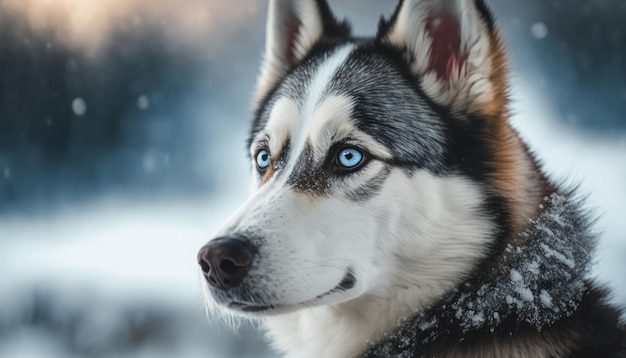 Foto portret husky met blauwe ogen zwart-wit siberische husky tegen de achtergrond van een winterlandschap ai gegenereerd